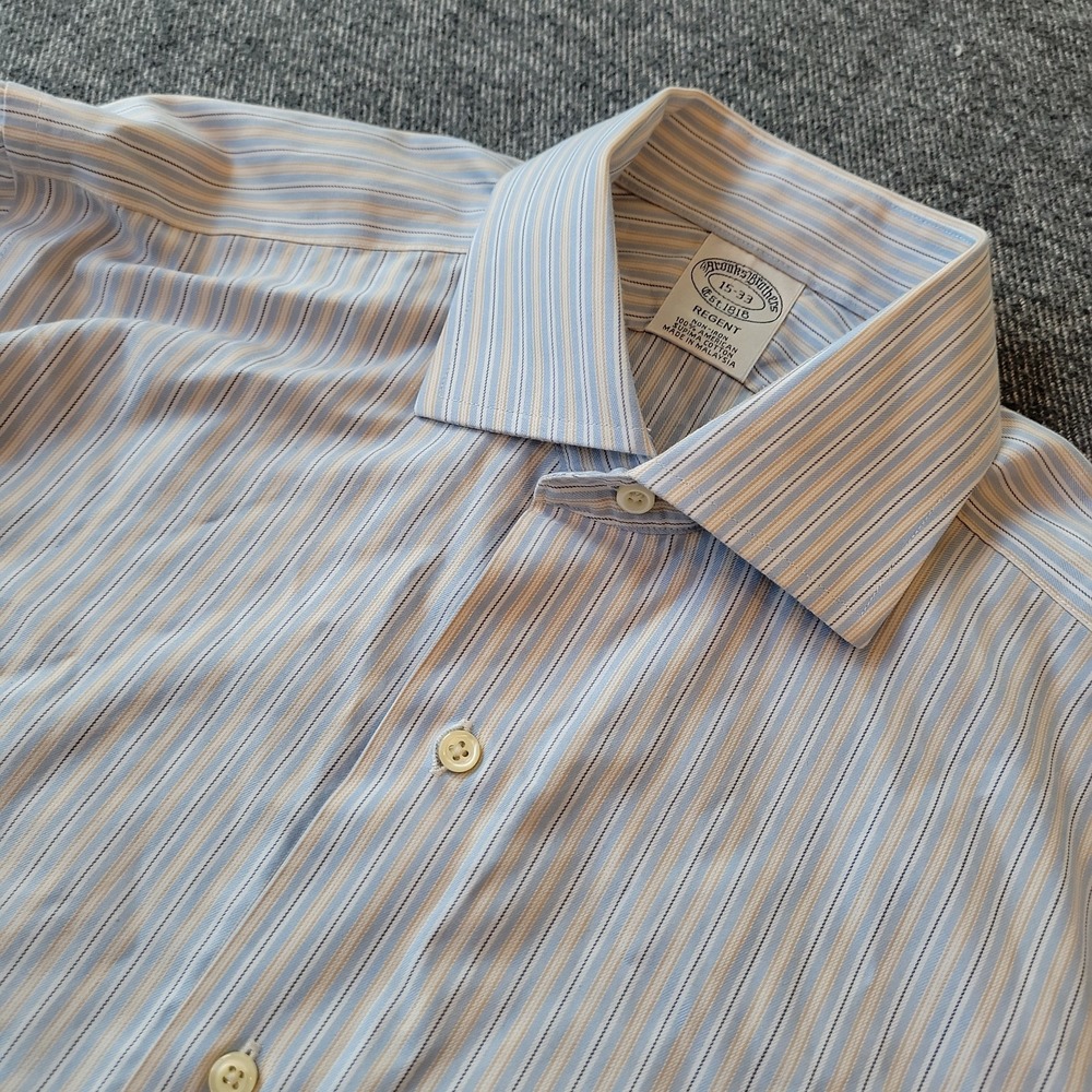 Brooks Brothers Dress Shirt Men's 15 33 Regent Blue Yellow Striped Non Iron